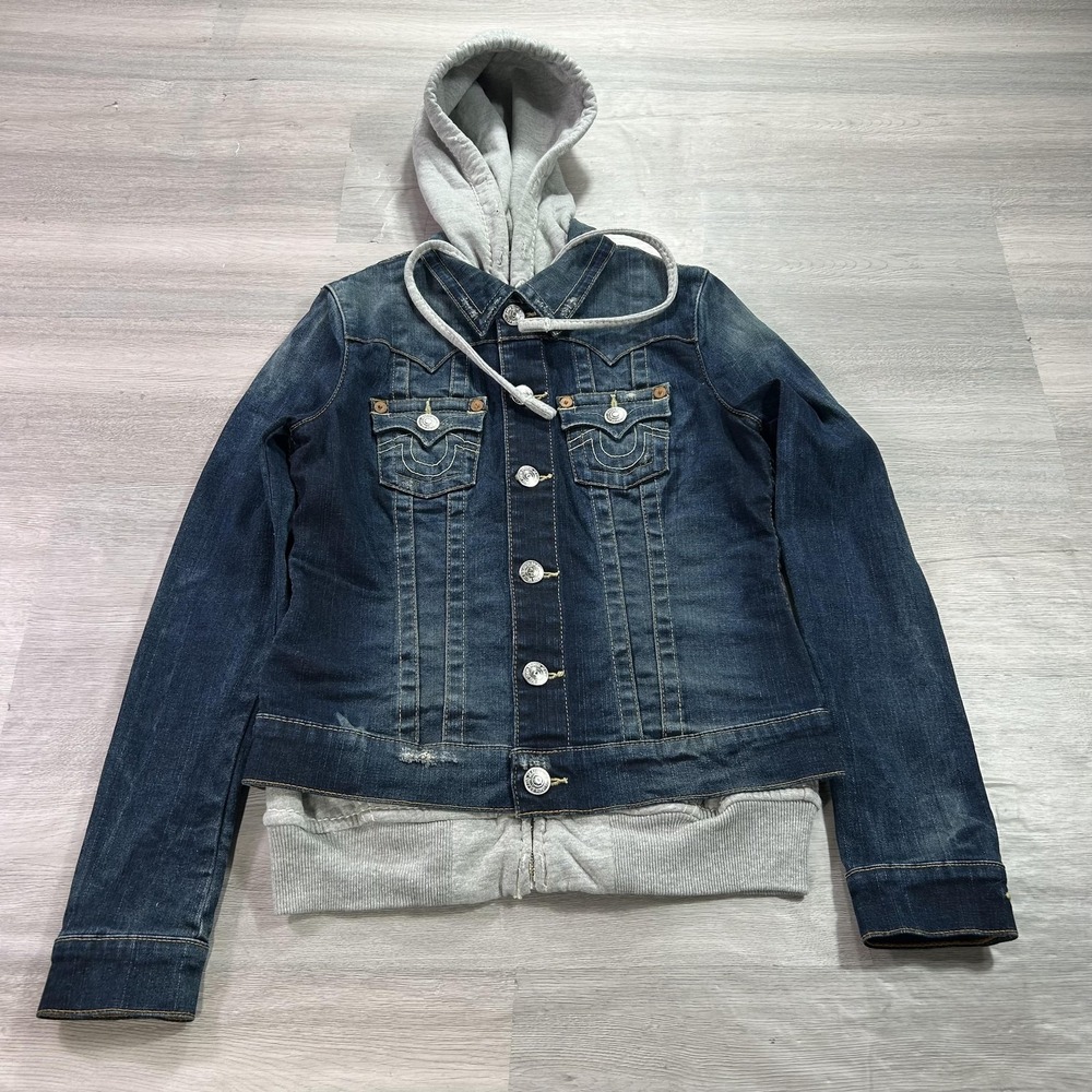 True Religion Jacket Womens Small Blue Denim Jimmy Fleece Lined Zip Hoodie